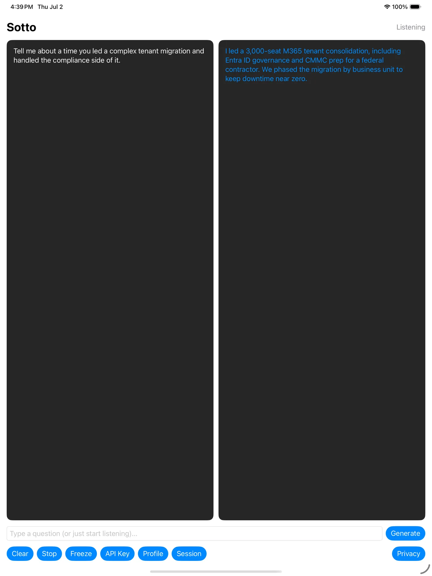 Sotto on iPad: the interviewer's question on the left, a suggested answer on the right